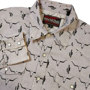 Rock & Roll‎ Cowboy Shirt Gray Pearl Snap Cow Skull/Cactus Western Rodeo…